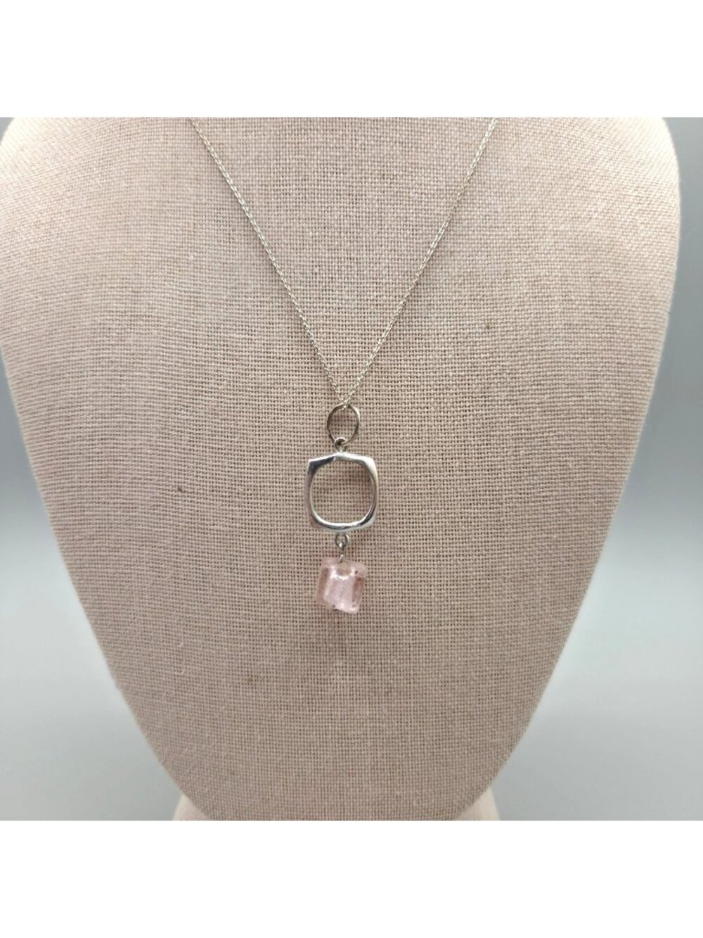 Sterling Silver Necklace Pink Dichroic Glass Pendant Square Charm 4 Grams